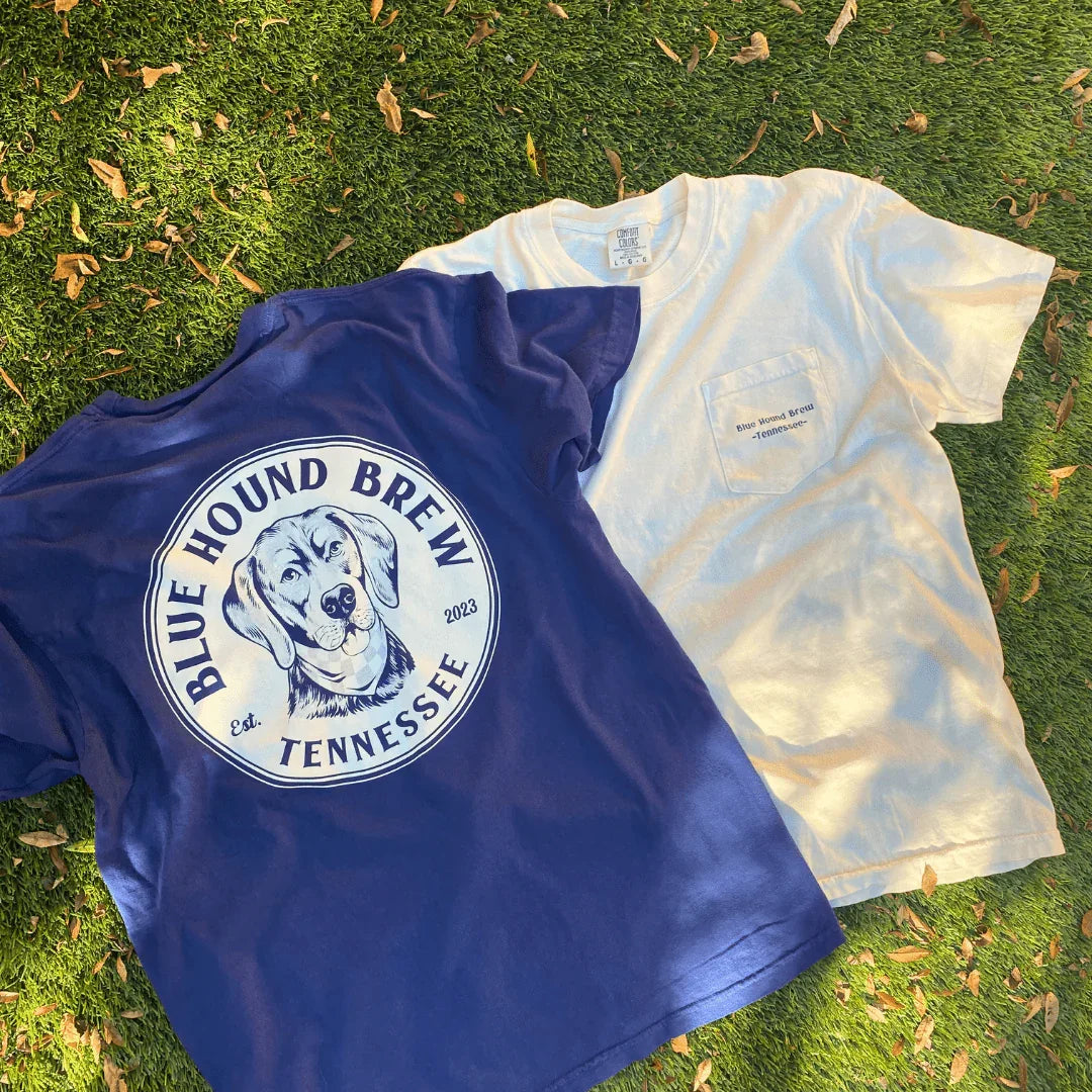 Blue Hound Brew Comfort Colors Pocket Tee - Vintage Logo - Blue Hound Brew